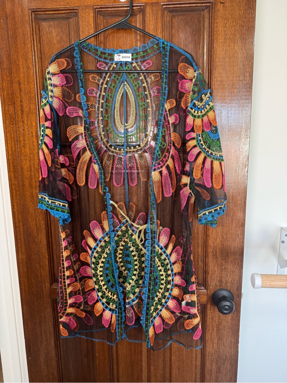 ASHA Multicolor Embroidered Sheer Long Sleeve Cover-Up
